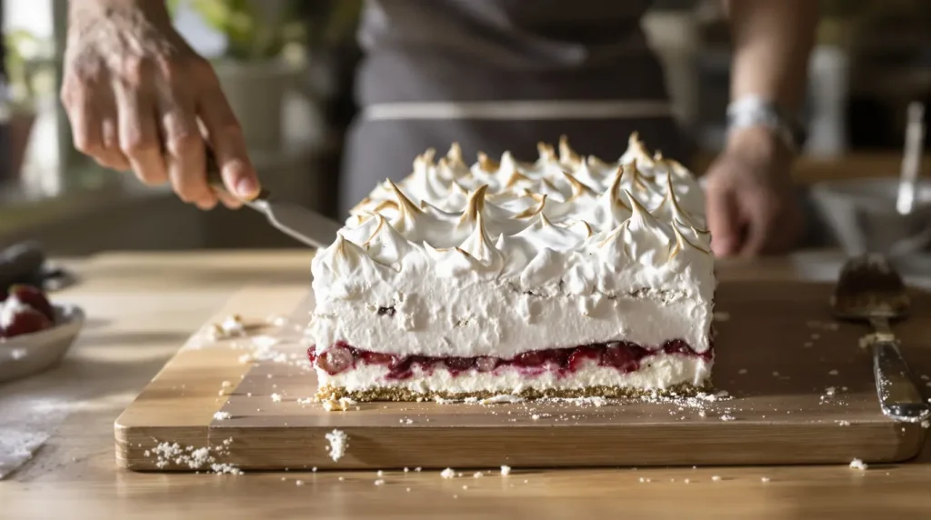 Gâteau meringué fondant à la rhubarbe, aux fraises et aux amandes