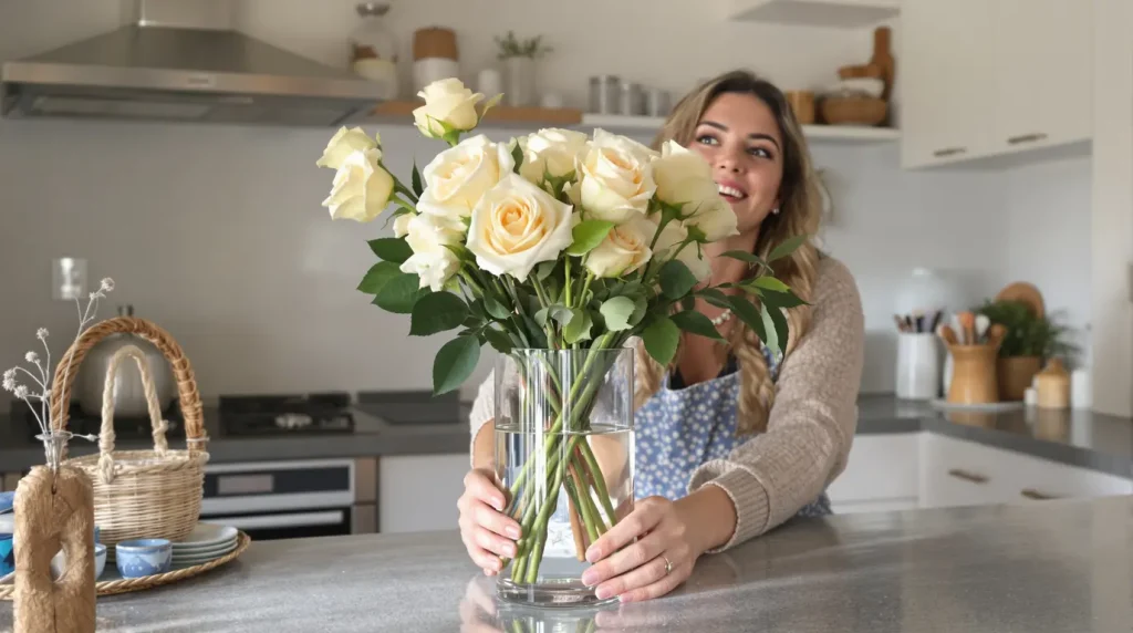 Roses : j'ajoute cet ingrédient de cuisine dans le vase et elles tiennent fraîches deux fois plus longtemps